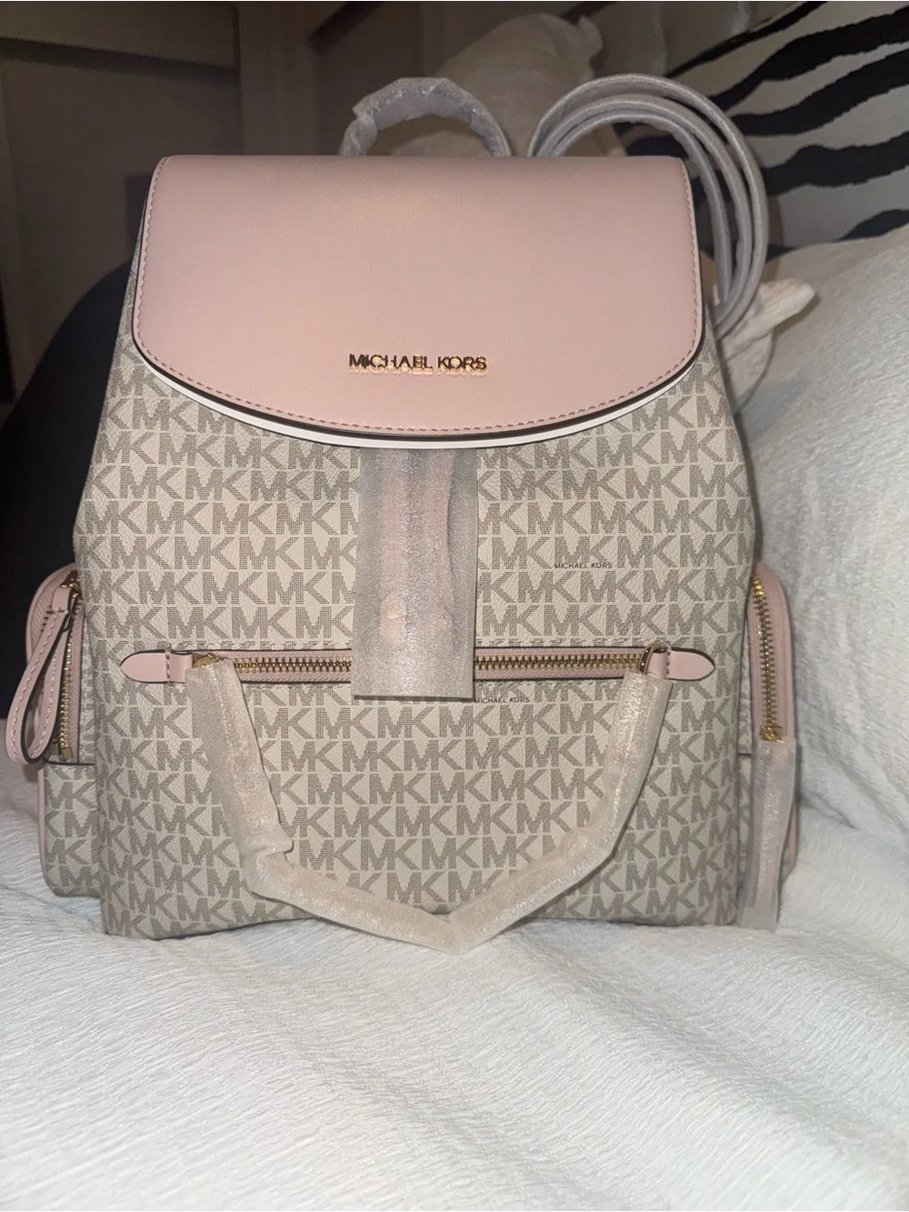 Michael Kors Pink and Beige Signature Logo Backpack